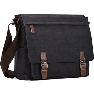 Classic Black Canvas Messenger Bag with Brown Details